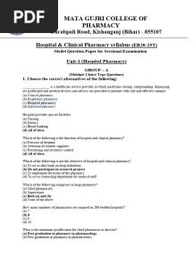 Hospital and Clinical Pharmacy (Model Question Paper For 1st Sessional Examination Nov-2024)