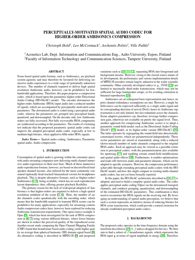 Spatial Audio Codec for Ambisonics Compression | PDF | Data Compression ...