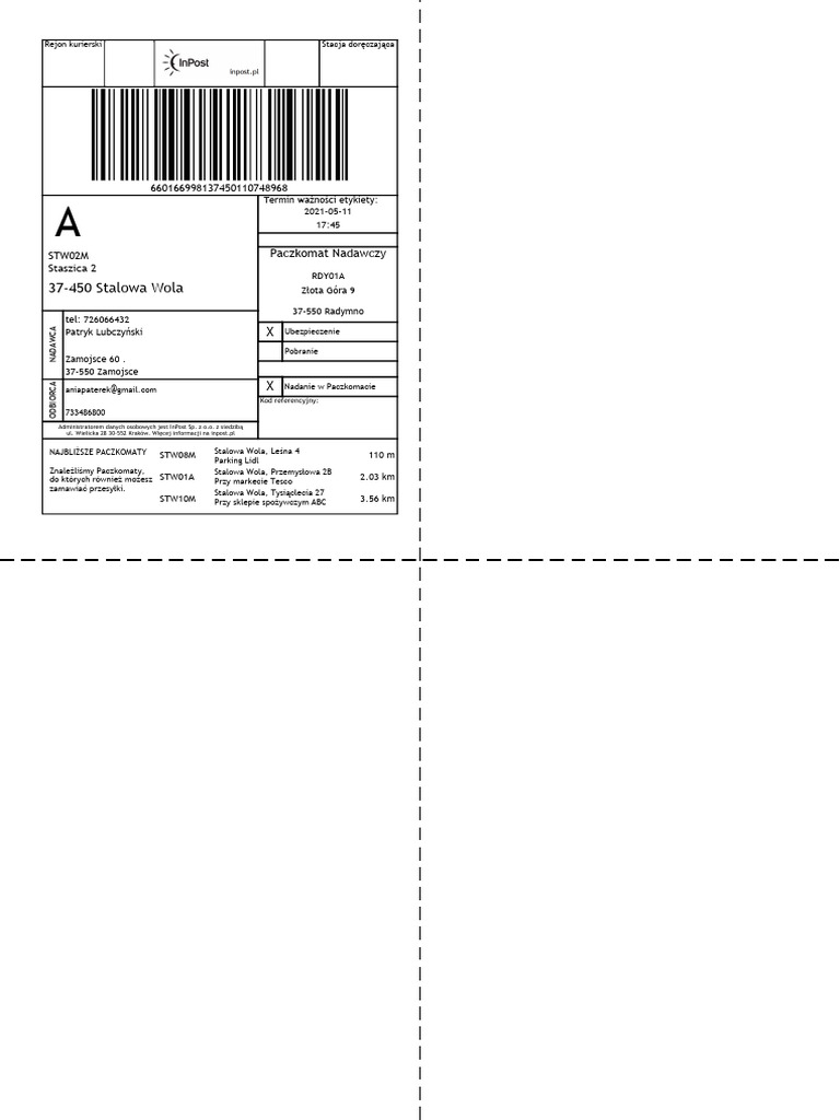 Etykieta InPost 660166998137450110748968 | PDF