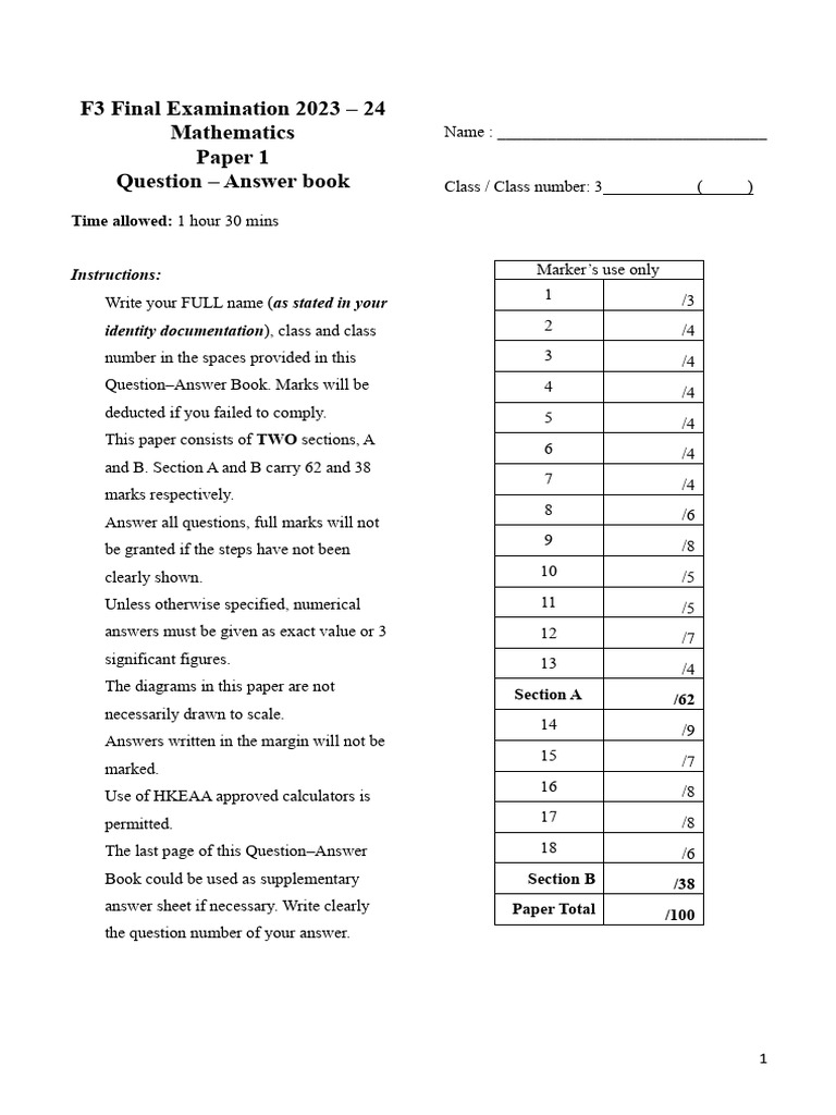 F3 Maths Final Exam Paper 2023-24 | PDF | Speed | Area