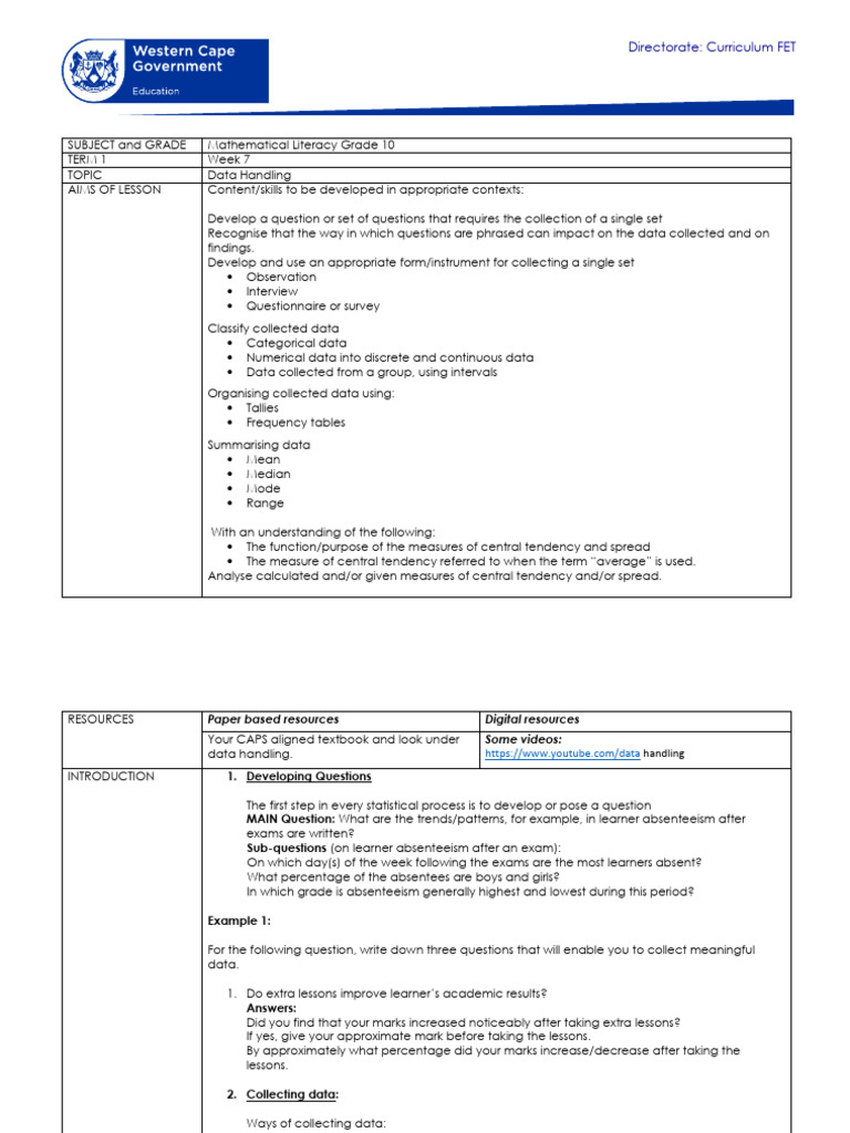 Mathematical Literacy Grade 10 Term 1 Week 7 - 2021 | PDF | Mode ...