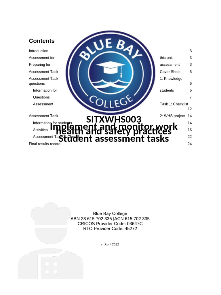 SITXWHS003 Student Assessment Tasks | PDF | Occupational Safety And ...