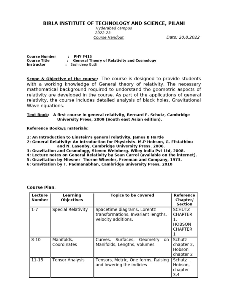 Phy f415 Gen Theo of Rel Cosmo - Handout | PDF | General Relativity ...