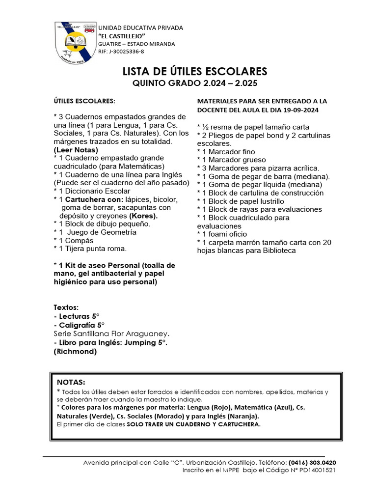 Márgenes y útiles para quinto grado | PDF | Estudios de idiomas ...