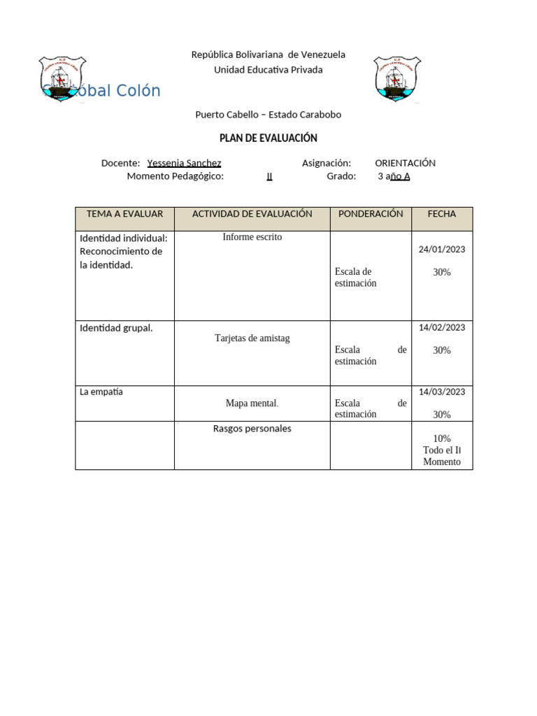 Plan de Evaluación 3 Año Orientación | PDF