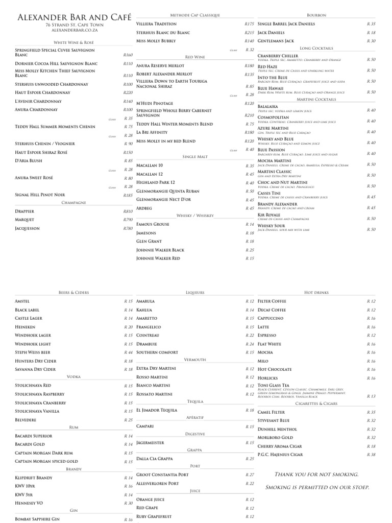 Alexander Bar & Café Drink Menu | PDF | Alcoholic Drinks | Distilled Drinks