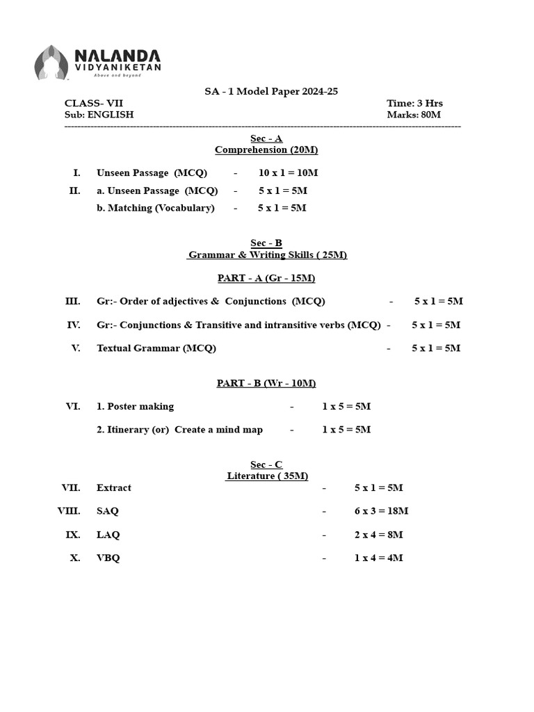 English SA - 1 Model EXAM PAPER 2024-25 class-VII | PDF