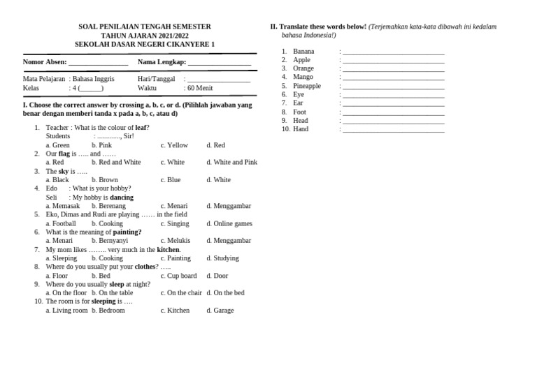 Grade 4 English Midterm Exam 2021/2022 | PDF | Interior Design | Home