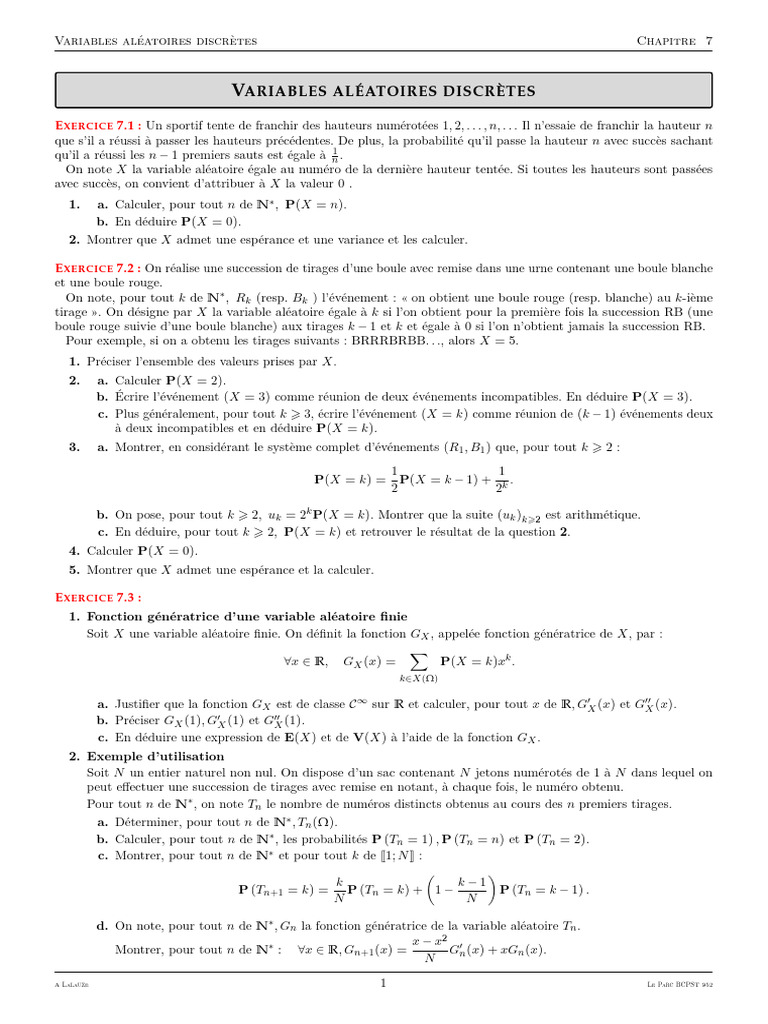 Variables Aléatoires Discrètes : Exercices et Théorie | PDF | Espérance ...