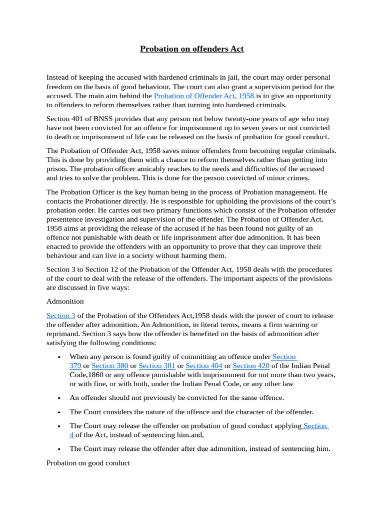 Overview Of The Probation Of Offenders Act Pdf Probation Crimes