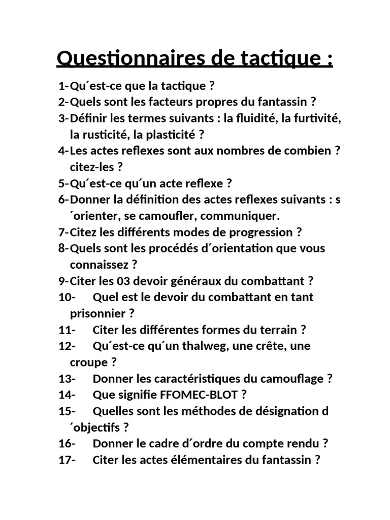 Questionnaires sur la tactique militaire | PDF