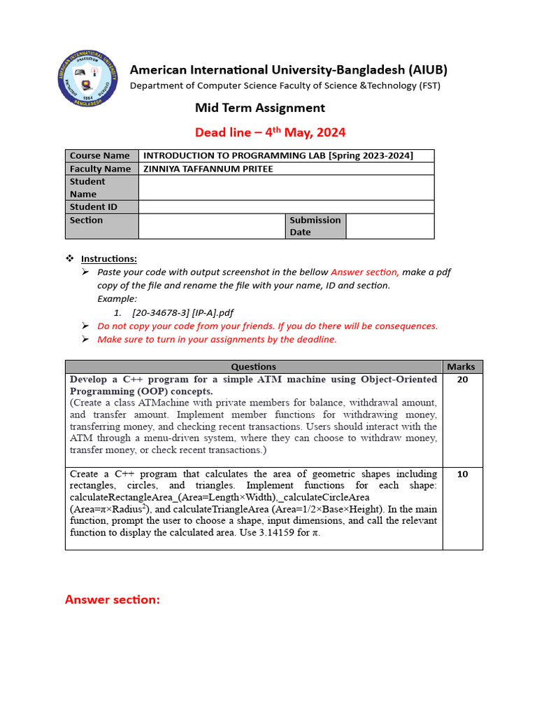 AIUB Programming Lab Midterm Assignment | PDF