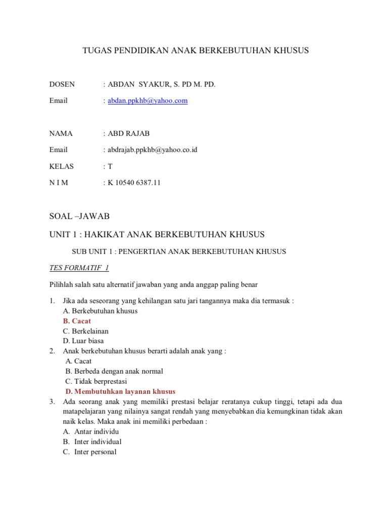 Tugas Pendidikan Anak Berkebutuhan Khusus