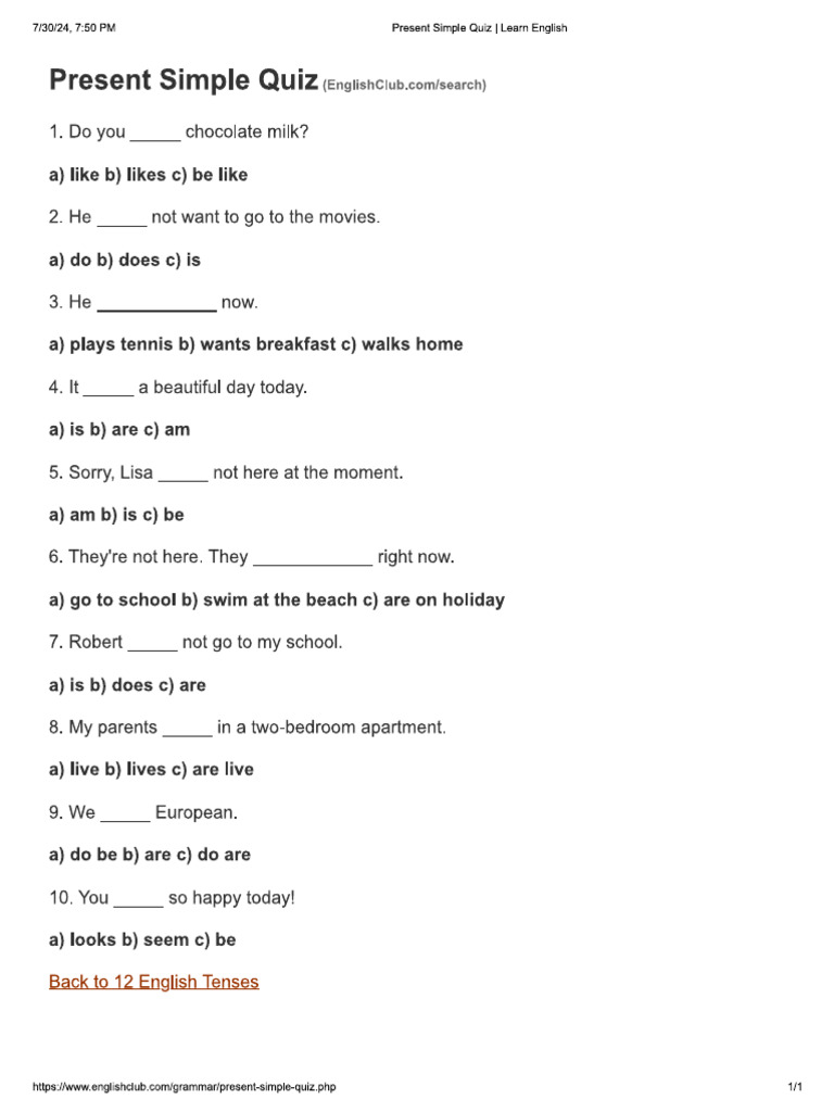 Present Simple Quiz | PDF