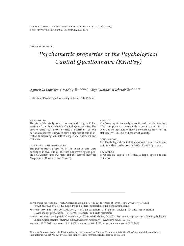 Polish Version of Psychological Capital Scale | PDF | Psychological ...