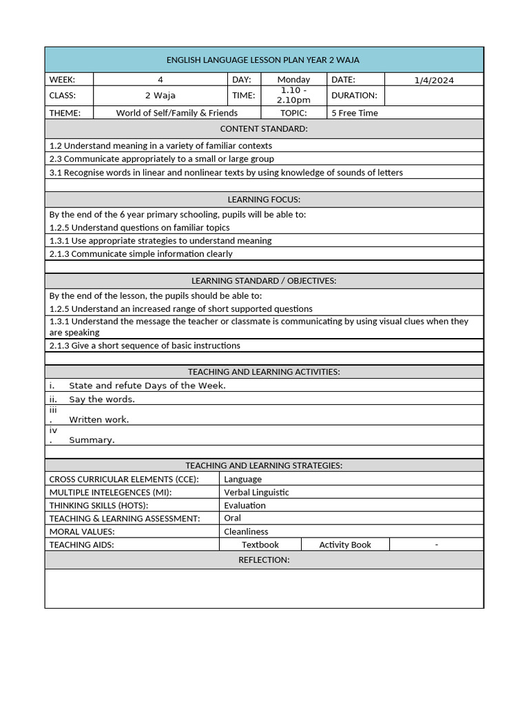 Year 2 English Lesson Plan: Free Time | PDF
