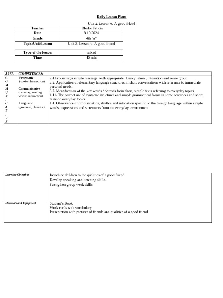 4th Grade Lesson Plan Good Friends Pdf Vocabulary Linguistics