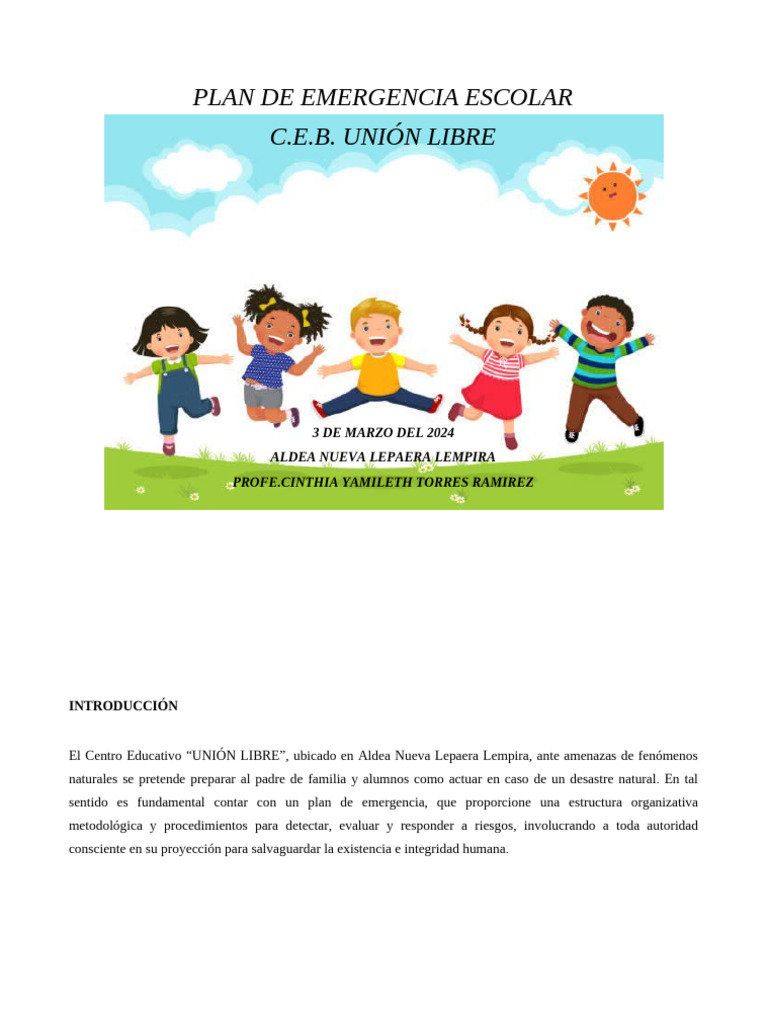 Plan de Emergencia Escolar C.E.B. Unión Libre. 2024 | PDF
