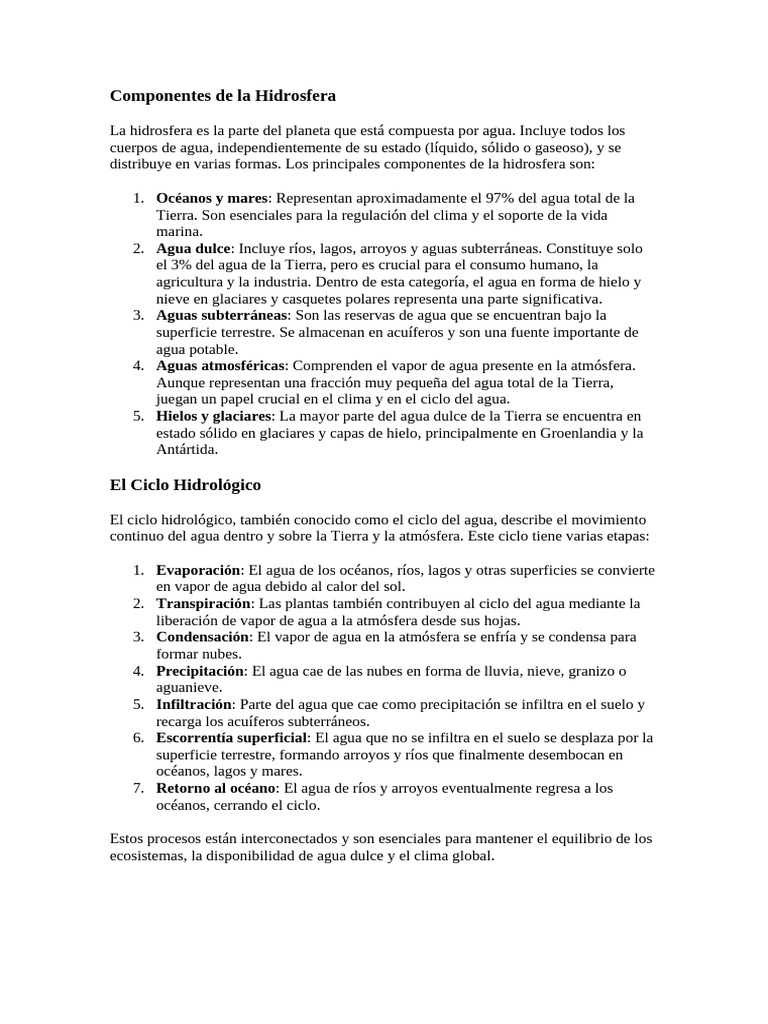Componentes de La Hidrosfera | PDF | Agua | El ciclo del agua