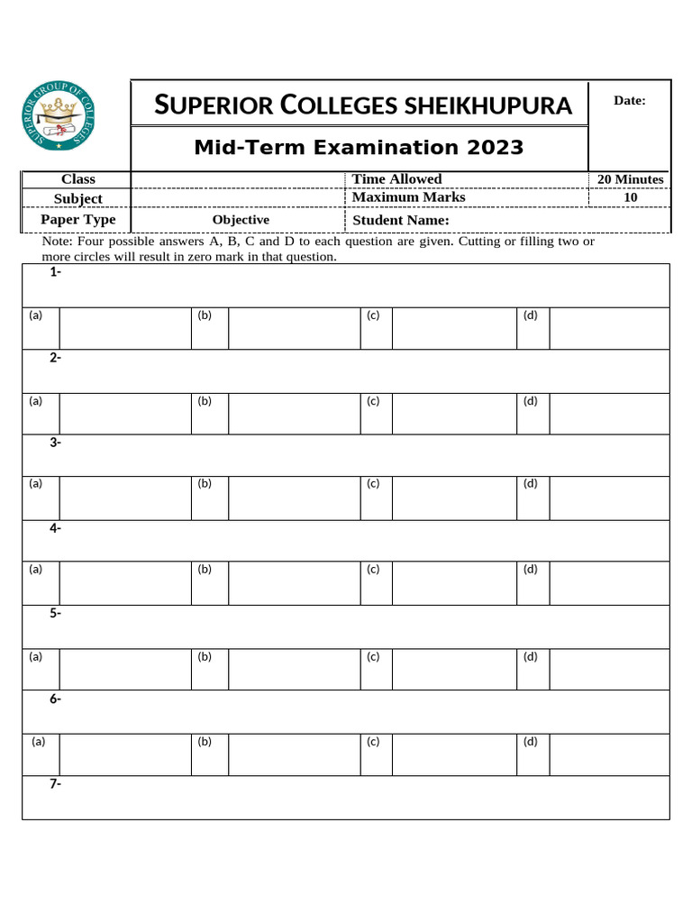 Mid-Term Exam Paper 2023 - Superior Colleges | PDF