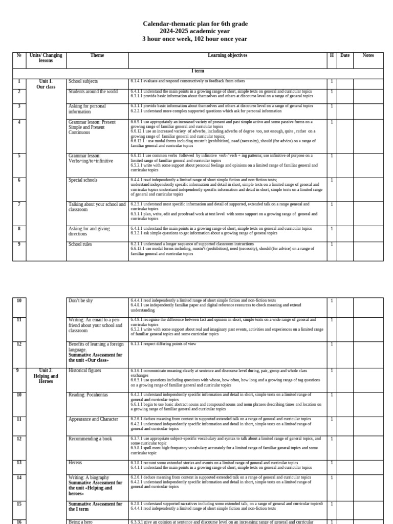 6th Grade Thematic Calendar Plan 2024-2025 | PDF | Verb | Phrase