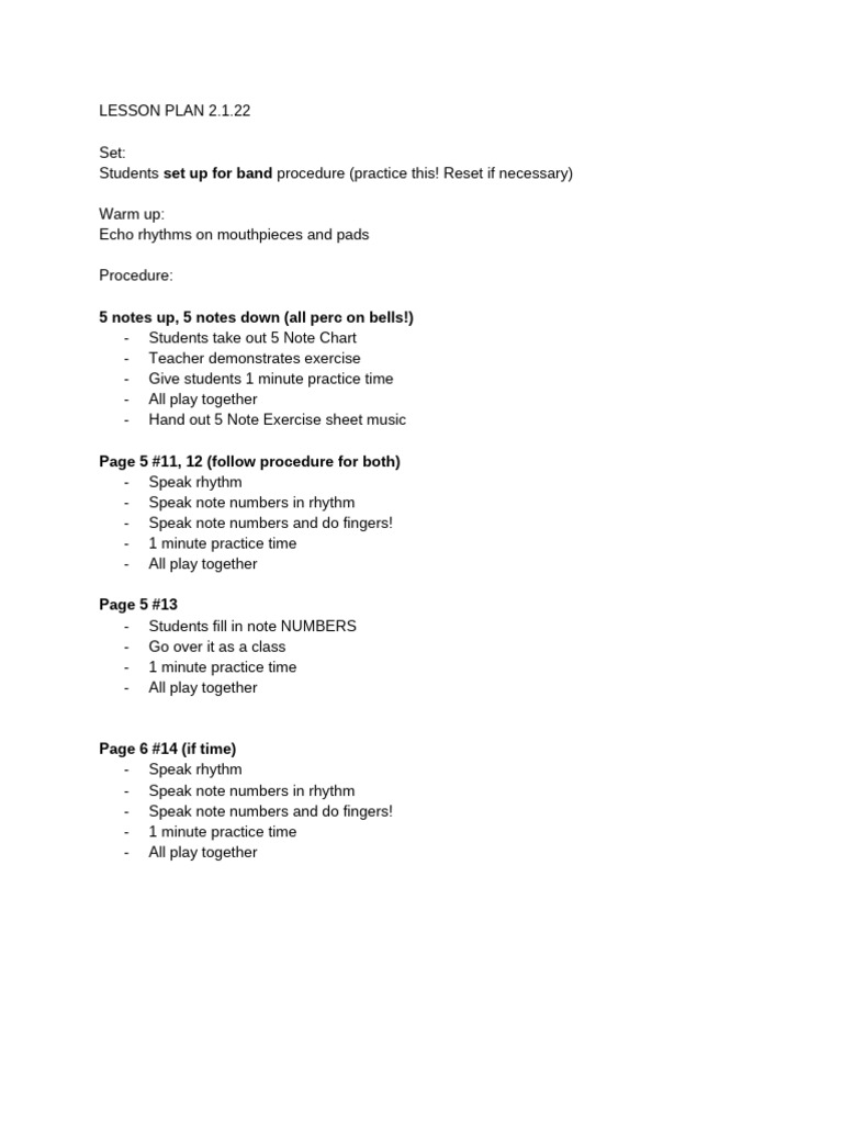 Band Lesson Plan: 5 Note Exercises | PDF
