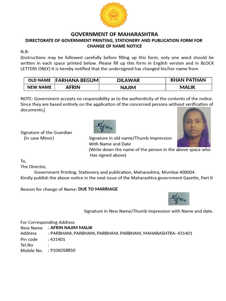 Maharashtra Name Change Gazette Notice | PDF