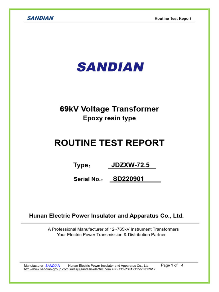 JDZXW-72.5 Routine Test Report SD220901 | PDF | Transformer | Voltage