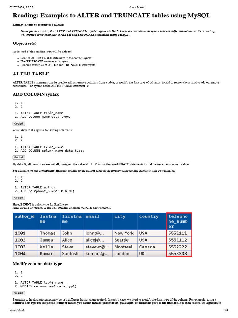ALTER and TRUNCATE Tables Using MySQL | PDF | Data Type | Computer Science