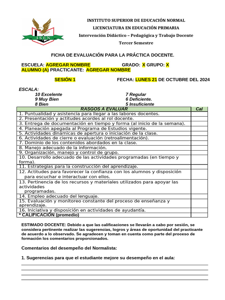 Ficha de Evaluación para Práctica Docente | PDF | Maestros | Evaluación