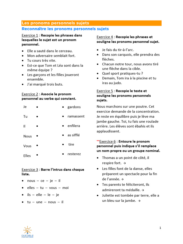 Exercices sur les pronoms personnels sujets | PDF | Arts du langage et ...