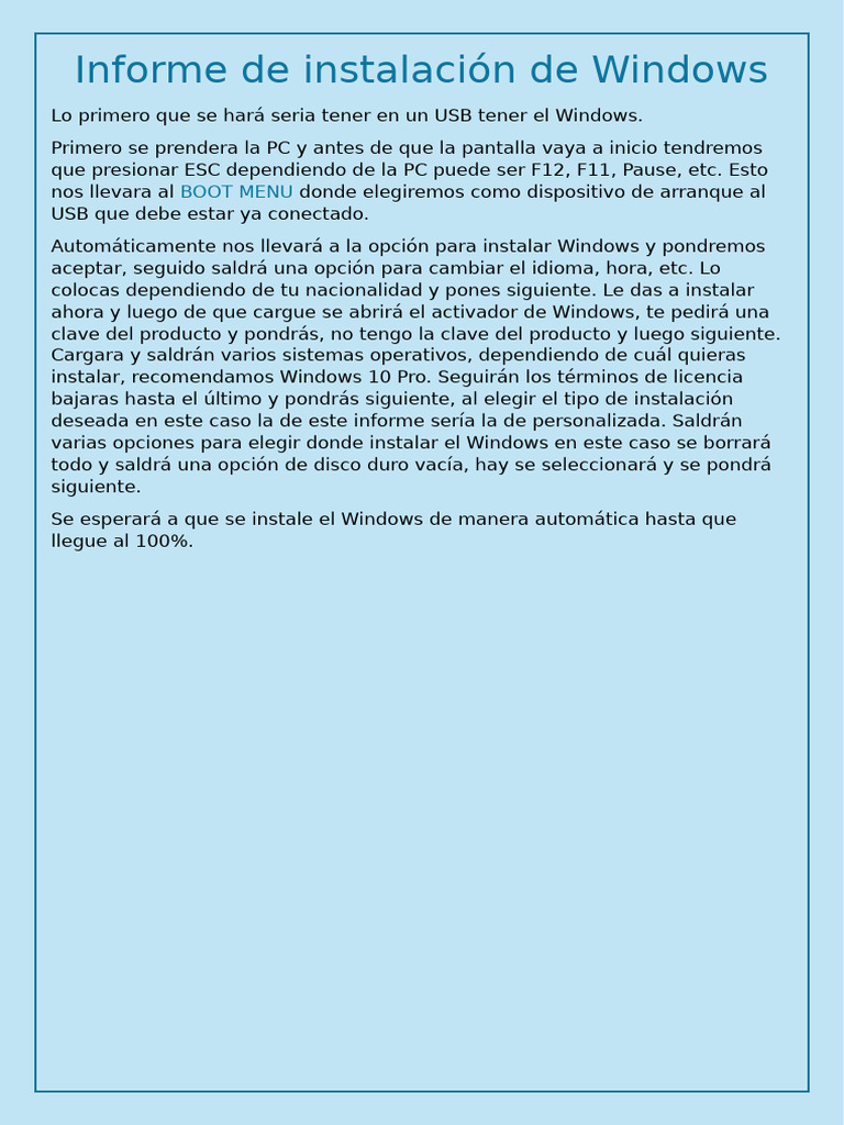 Informe de Instalación Windows Computo | PDF