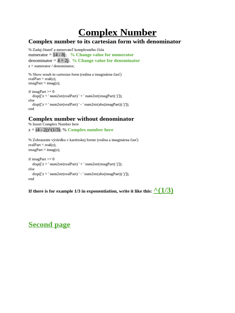 Complex Numbers Matlab | PDF