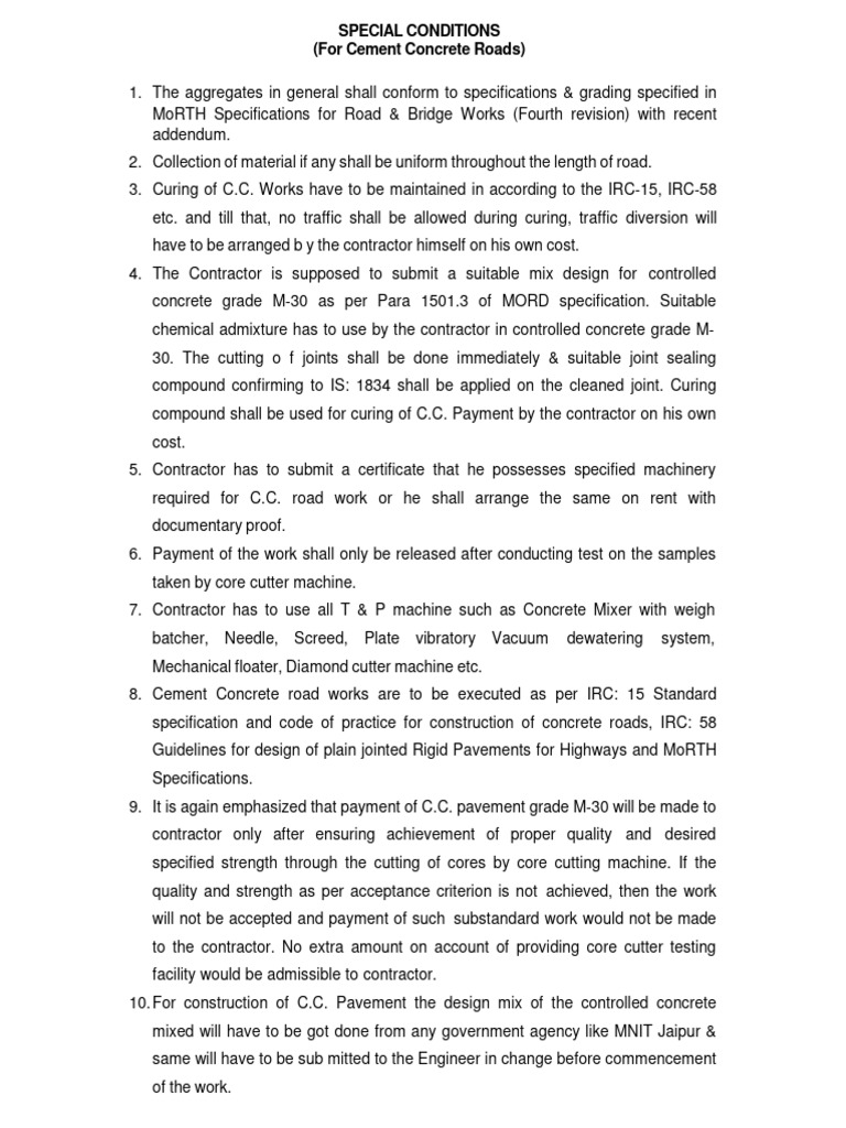Special Conditions for C.C. Road Construction | PDF | Concrete | Road