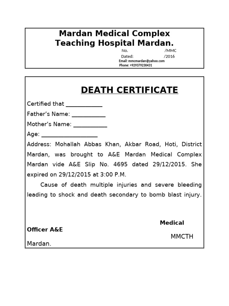 Death Certificate from Mardan Medical Complex | PDF
