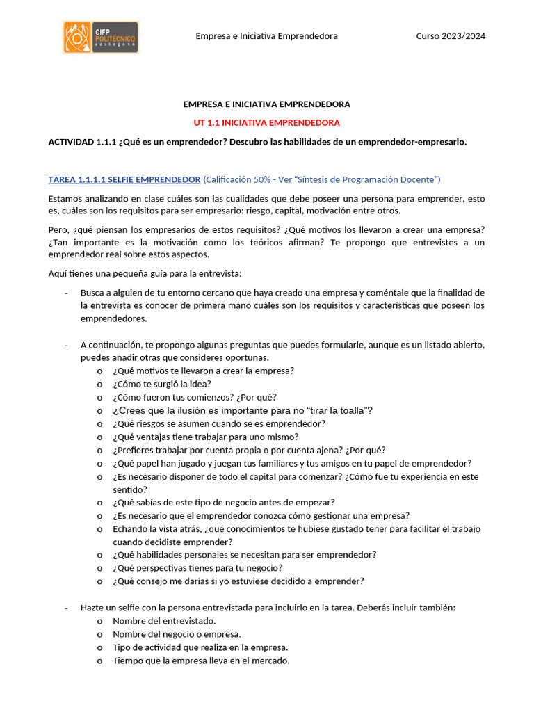 TAREA 1 - Selfie Emprendedor-Convertido | PDF | Iniciativa empresarial ...