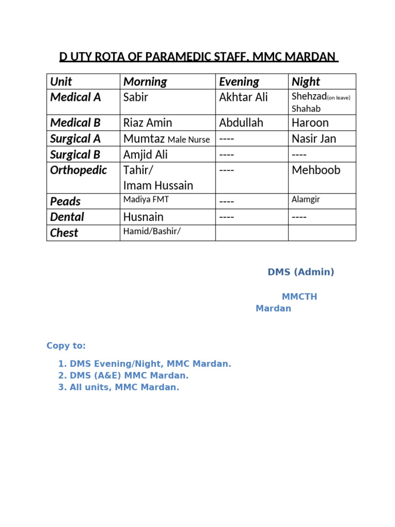 Paramedic Duty Rota, MMC Mardan | PDF