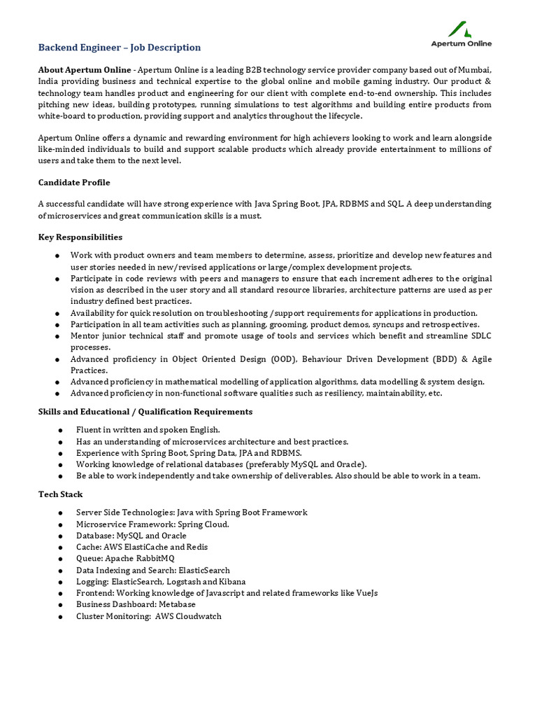 Backend Engineer Job at Apertum Online | PDF | Databases | My Sql