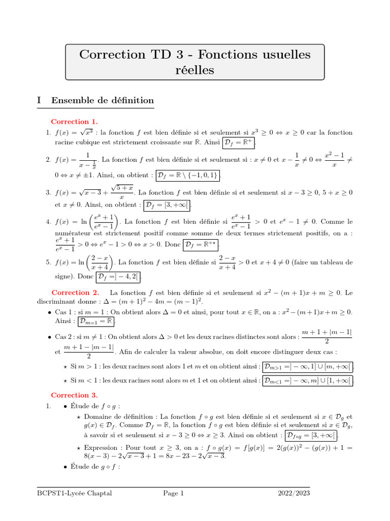 Correction TD 3 : Fonctions usuelles | PDF | Asymptote | Limite ...