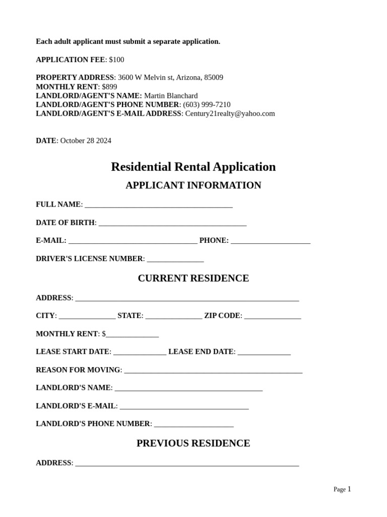 Residential Rental Application | PDF | Landlord | Lease