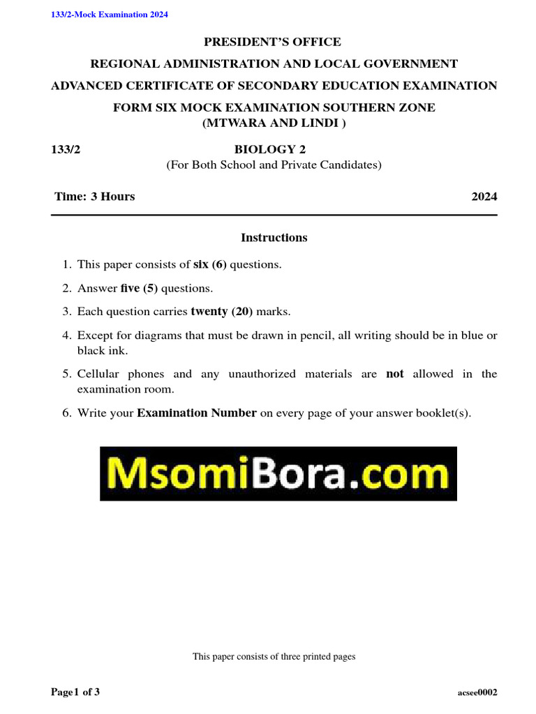 2024 Biology Mock Exam Paper | PDF | Dominance (Genetics) | Genotype