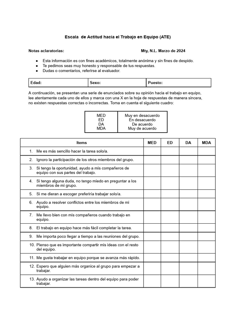Escala de Actitud hacia el Trabajo en Equipo | PDF | Relaciones ...