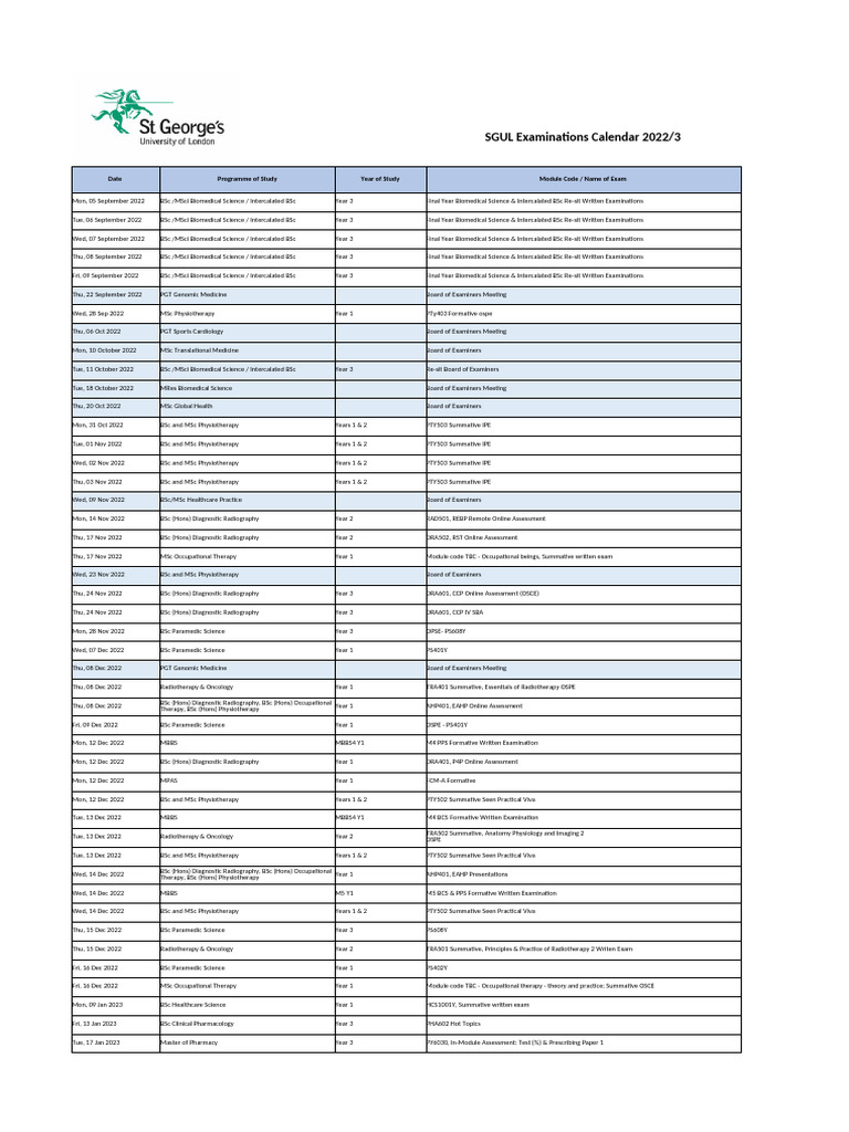 SGUL Exam Calendar 2022/23 | PDF | Health Sciences | Qualifications