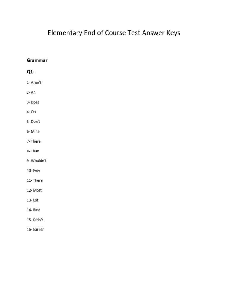 Elementary Course Test Answer Keys | PDF | Cooking, Food & Wine