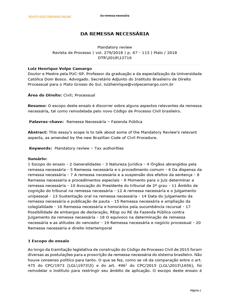 Aspectos da Remessa Necessária no CPC | PDF | Sentença (jurídico ...