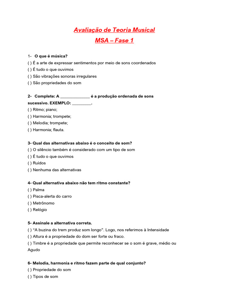 Avaliação de Teoria Musical | PDF | Clave | Musicologia