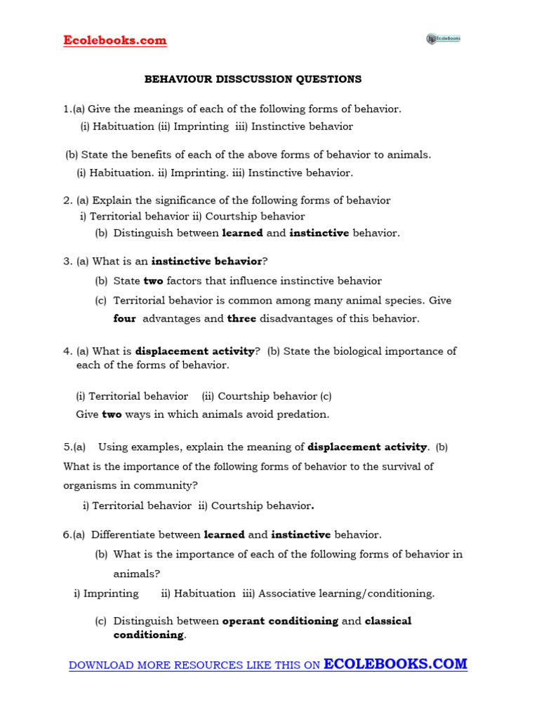 S6B Biology Behavior Questions 2020 Revision Past Papers | PDF