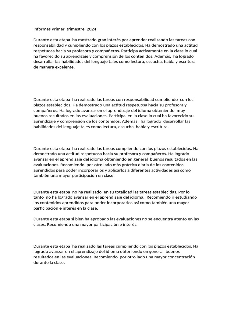 Informes PRIMER Trimestre 2024 | PDF | Aprendizaje | Cognición