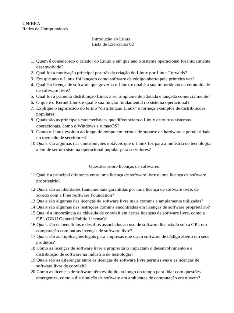 Listadeexercicios 02 questoesabertas pdf linux software gratuito
