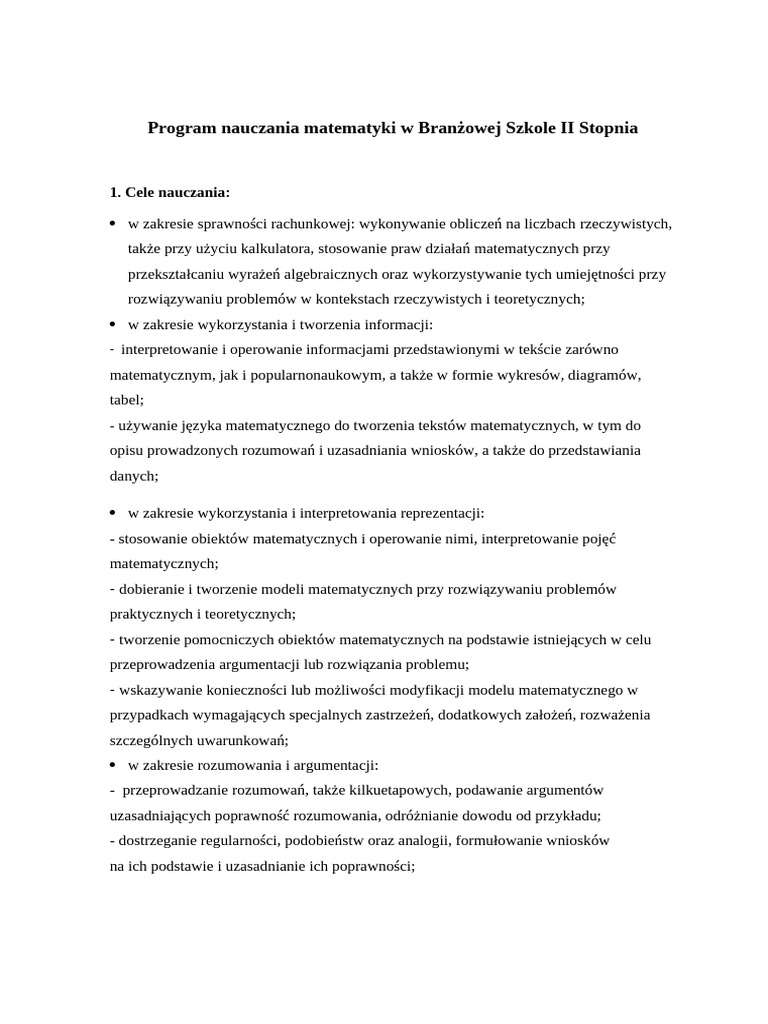Program nauczania matematyki w Branżowej Szkole II Stopnia | PDF